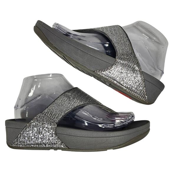 FitFlop Lulu Superglitz Silver Metallic Platform Thong Toe Post Sandals Size 7 - Picture 2 of 9